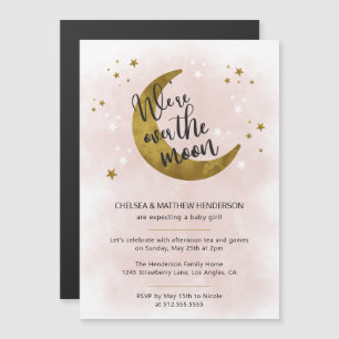Modern Pink Calligraphy Over The Moon Baby Shower Magnetic Invitation