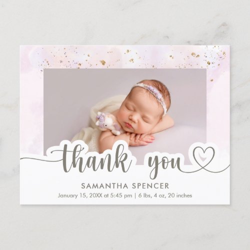 Modern Pink Calligraphy Photo Baby Girl Thank You Postcard