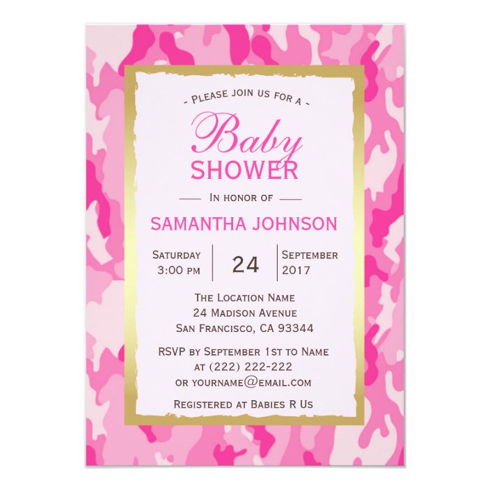 pink camo baby shower invitations
