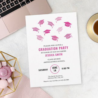 Modern Pink Caps Graduation Invitation
