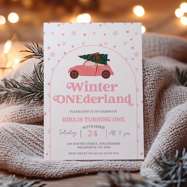 Modern Pink Car Winter Onederland 1st Birthday Invitation (Girls Winter Onederland 1st Birthday Invitation, Christmas Tree Car, Pink Modern Winter Onederland )