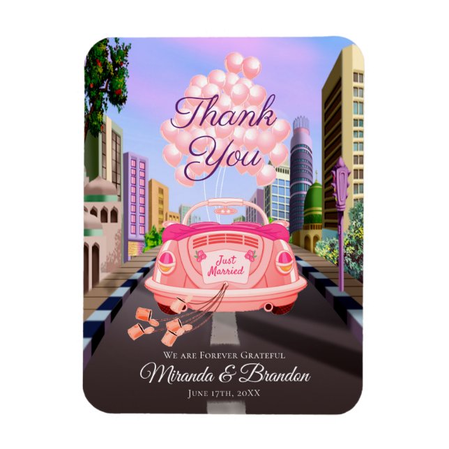 Modern Pink Cartoon Car with Balloons Thank You Magnet (Vertical)