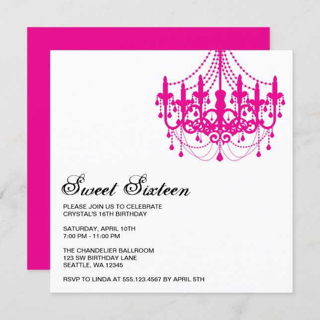 Modern Pink Chandelier Sweet Sixteen Birthday Invitation (Front/Back)