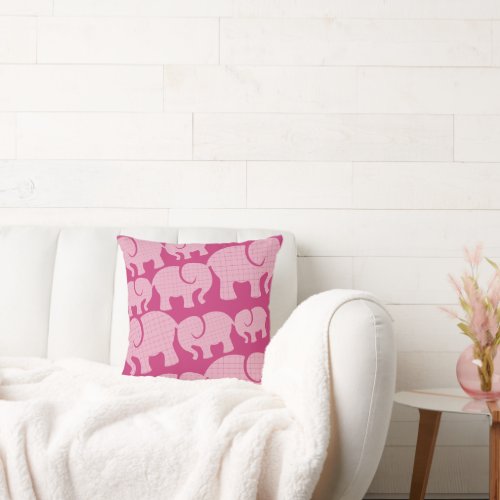Modern Pink Checked Elephant Pattern Throw Pillow