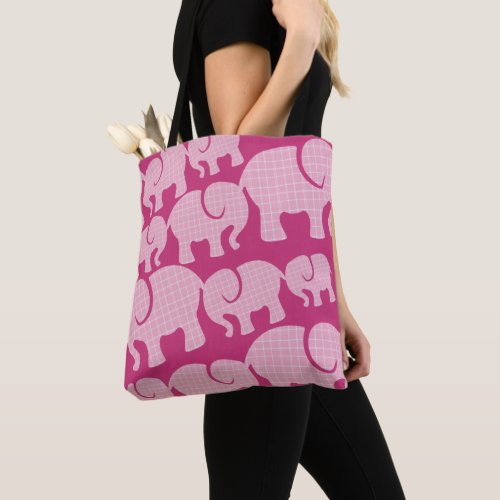 Modern Pink Checked Elephant Pattern Tote Bag