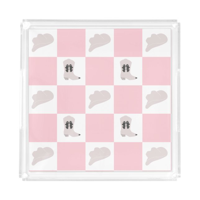 Modern Pink Checkered Cowgirl Rodeo Pattern Acrylic Tray (Front)