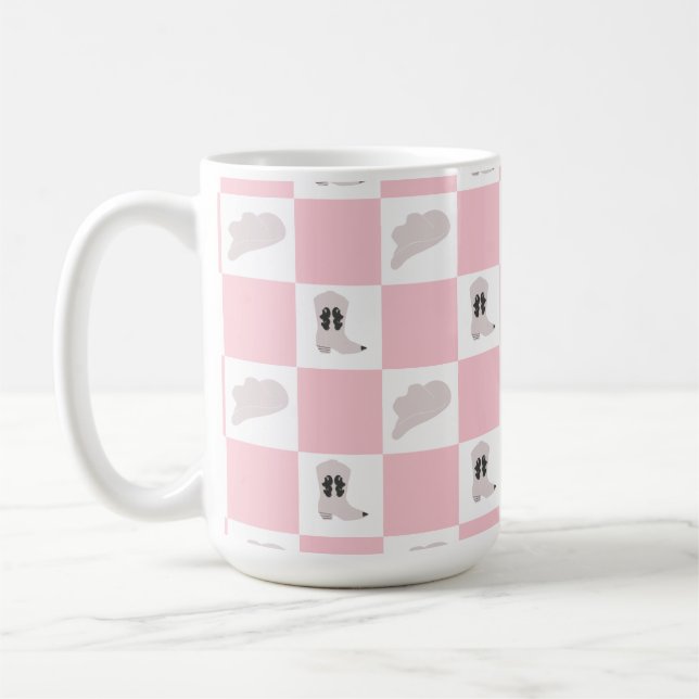Modern Pink Checkered Cowgirl Rodeo Pattern Coffee Mug (Left)