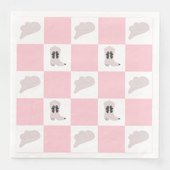 Modern Pink Checkered Cowgirl Rodeo Pattern Paper Dinner Napkins (Front)