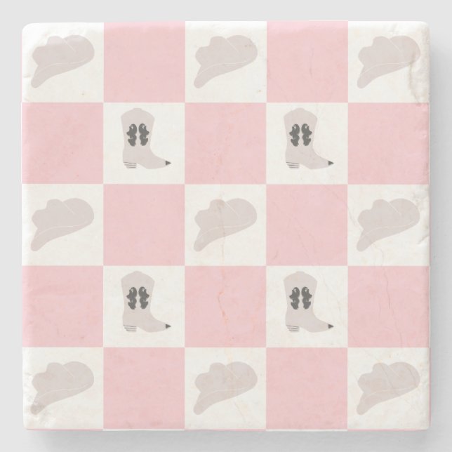 Modern Pink Checkered Cowgirl Rodeo Pattern Stone Coaster (Front)