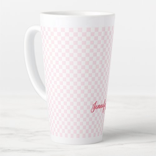 Modern Pink Checkered Elegant Typography Monogram Latte Mug