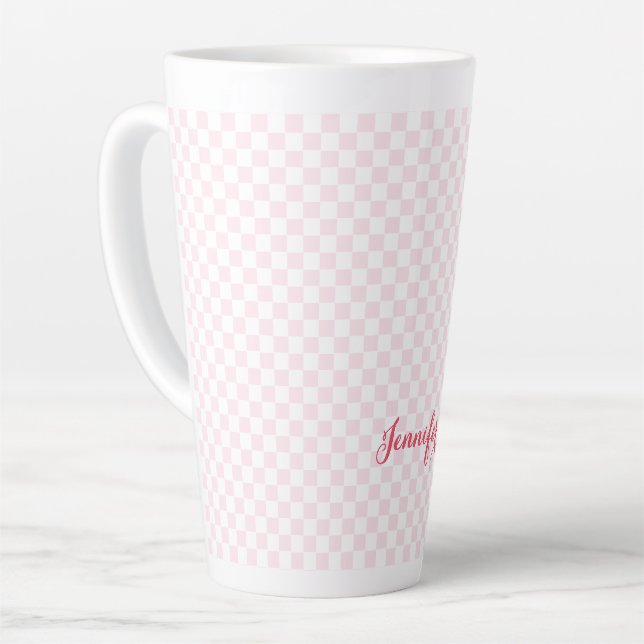 Modern Pink Checkered Elegant Typography Monogram Latte Mug (Left Angle)