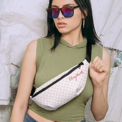 Modern Pink Checkered Pattern Name Waist Crossbody Fanny Pack