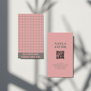 Modern Pink Checkered Pattern Pattern QR Code Business Card