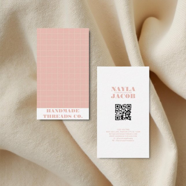 Modern Pink Checkered Pattern QR Code  Business Card (Creator Uploaded)
