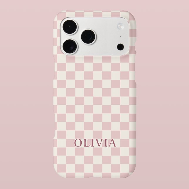 Modern Pink Checkered Personalized Name Custom iPhone Case (Cute Modern Checkerboard Pattern | Personalized Phone Case with Name)