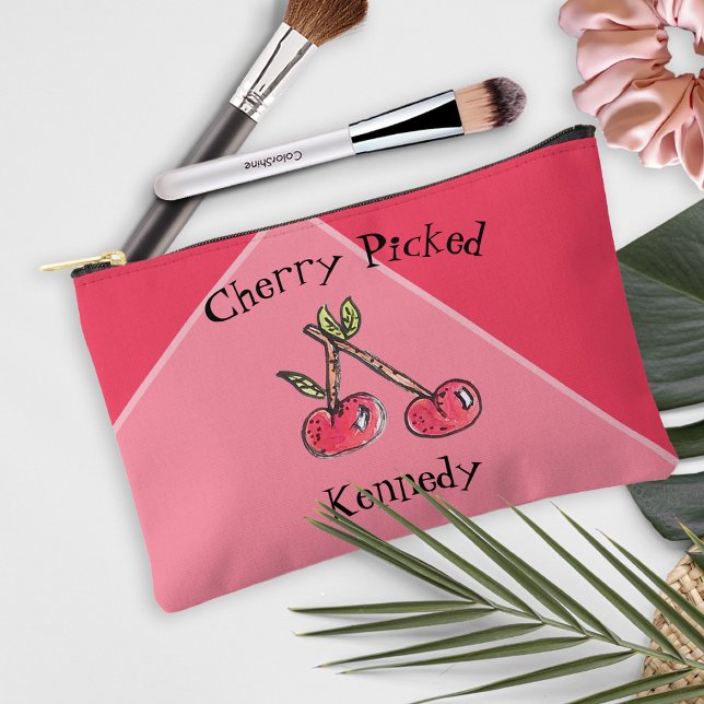 Modern Pink Cherry Add Name Cute Hand Drawn Accessory Pouch (Creator Uploaded)