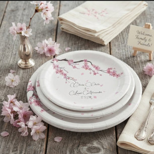 Modern Pink Cherry Blossom Floral Watercolor Paper Plates