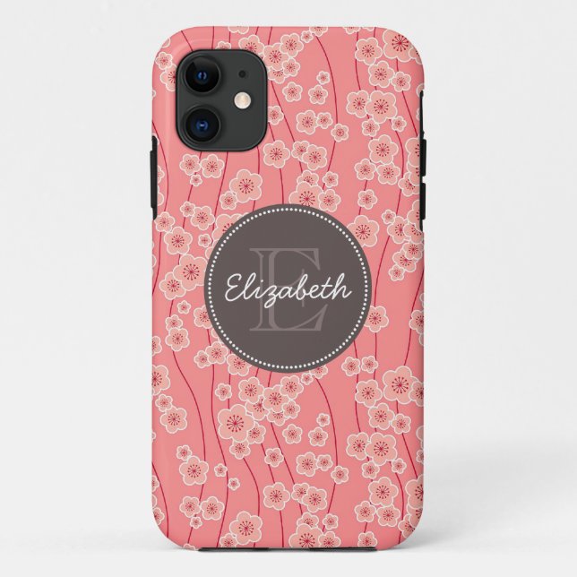 Modern Pink Cherry Flowers Monogrammed Case-Mate iPhone Case (Back)