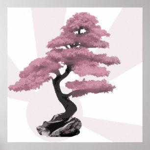 Modern Pink Cherry Tree Bonsai & Rising Sun Poster