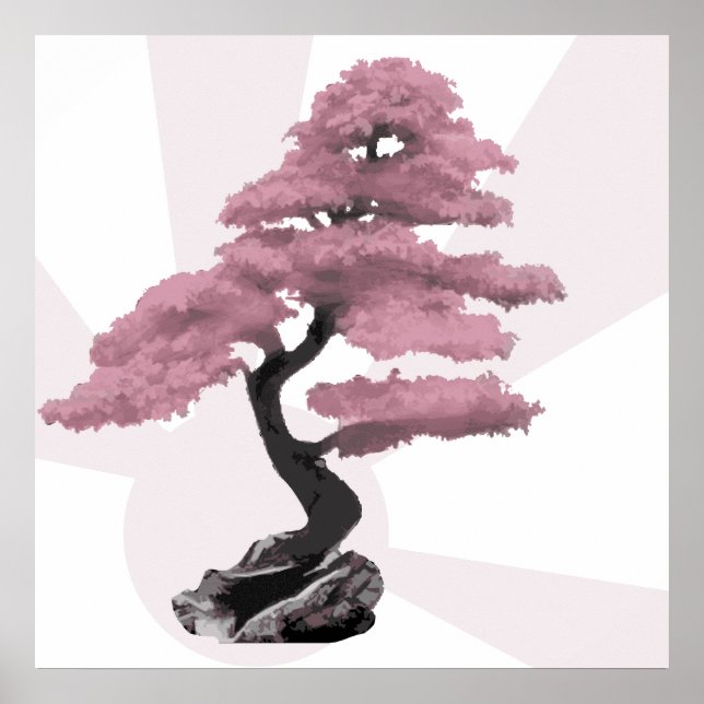 Modern Pink Cherry Tree Bonsai & Rising Sun Poster (Front)