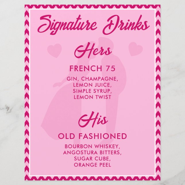 Modern Pink Chevron Signature Drinks Wedding Sign (Front)