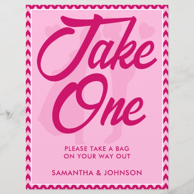 Modern Pink Chevron Take One Wedding Favor Sign (Front)