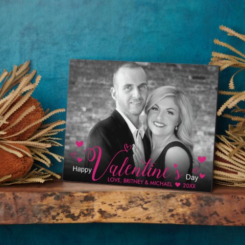 Modern Pink Chic Script Hearts Black White Photo Plaque