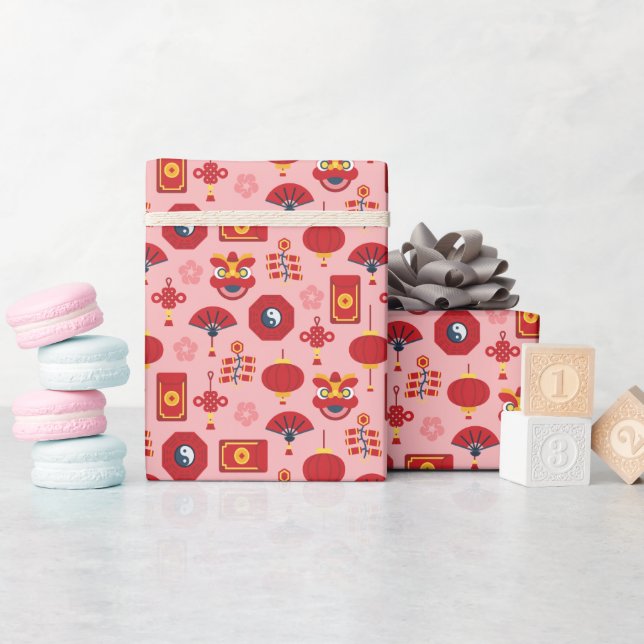 Modern Pink Chinese New Year Icons Wrapping Paper (Baby Shower)