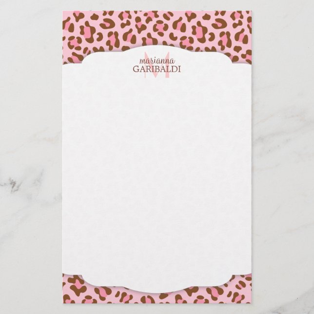 Modern Pink Choco Animal Print Girly Personalized Stationery (Front)