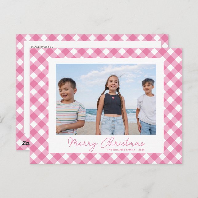 Modern Pink Christmas Gingham Photo Postcard (Front/Back)