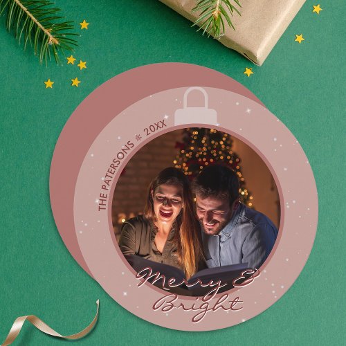 Modern Pink Christmas Ornament Photo Holiday Card