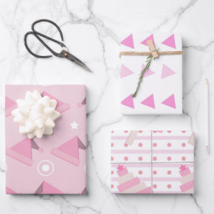 Modern Pink Christmas Pattern Set of 3  Wrapping Paper Sheets