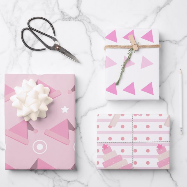 Modern Pink Christmas Pattern Set of 3  Wrapping Paper Sheets (Front)