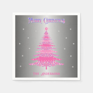 Modern Pink Christmas Tree Custom Name Silver Foil Napkins