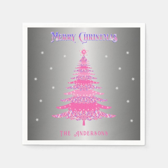 Modern Pink Christmas Tree Custom Name Silver Foil Napkins (Front)
