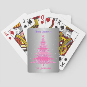 Modern Pink Christmas Tree Custom Name Silver Foil Poker Cards