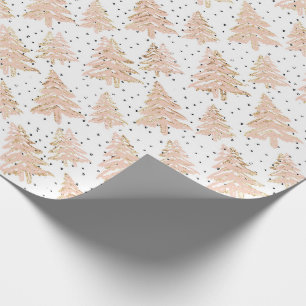 Modern Pink Christmas Tree & Gold Glitter-Pattern Wrapping Paper
