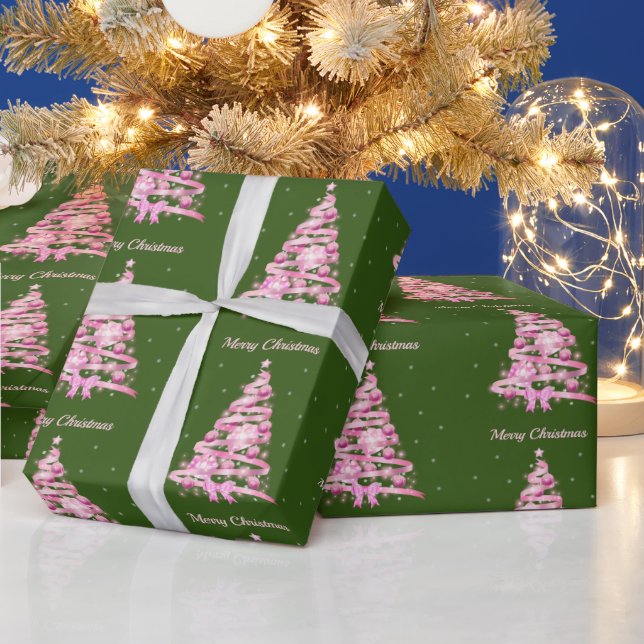 Modern Pink Christmas Tree Green Wrapping Paper (Holidays)