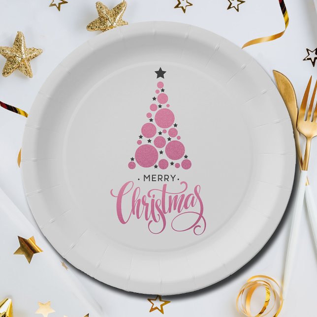Modern Pink Christmas Tree Holiday Paper Plates (Modern Pink Christmas Tree Holiday Paper Plates)