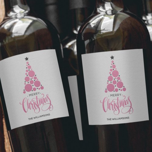 Modern Pink Christmas Tree Holiday Wine Label