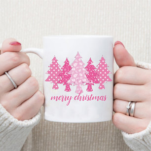 Modern Pink Christmas Tree Pattern Name Coffee Mug