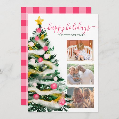 Modern pink Christmas tree watercolor 3 photos Card