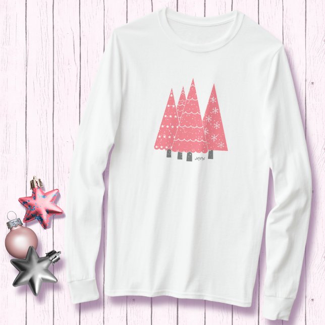 Modern Pink Christmas Trees Monogram T-Shirt (Creator Uploaded)