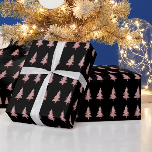 Modern Pink Christmas Trees On Black Wrapping Paper