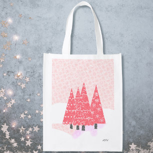 Modern Pink Christmas Trees Reusable Grocery Bag