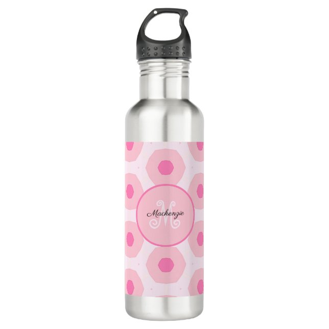 Modern Pink Circle Dots Geometric Monogram Stainless Steel Water Bottle (Front)
