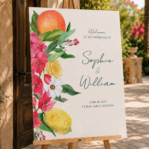 Modern Pink Citrus Floral Wedding Welcome Sign