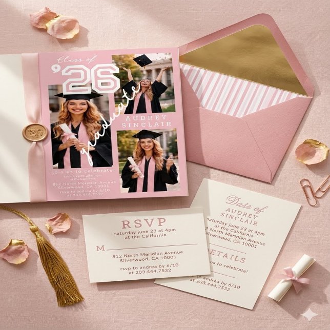 Modern  pink Class of 2026 3-Photo Graduation  Invitation (Creator Uploaded)
