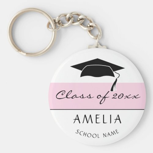 Modern Pink Class of and Graduate Name Graduation Keychain - Modern and Simple Pink Class of Graduation Keychain with a graduate name, school name and black graduation cap. Pink stripe on white background. Personalize the keychain and make a great personalized gift and keepsake for a graduate.