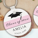 Modern Pink Class of and Graduate Name Graduation Keychain<br><div class="desc">Modern and Simple Pink Class of Graduation Keychain with a graduate name,  school name and black graduation cap. Pink stripe on white background. Personalize the keychain and make a great personalized gift and keepsake for a graduate.</div>